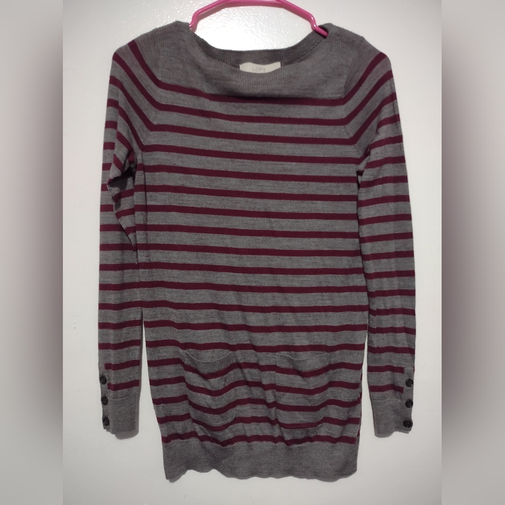 Ann Taylor Loft Striped Pocketed Buttons On Sleeves Sweater (Woman's XS)